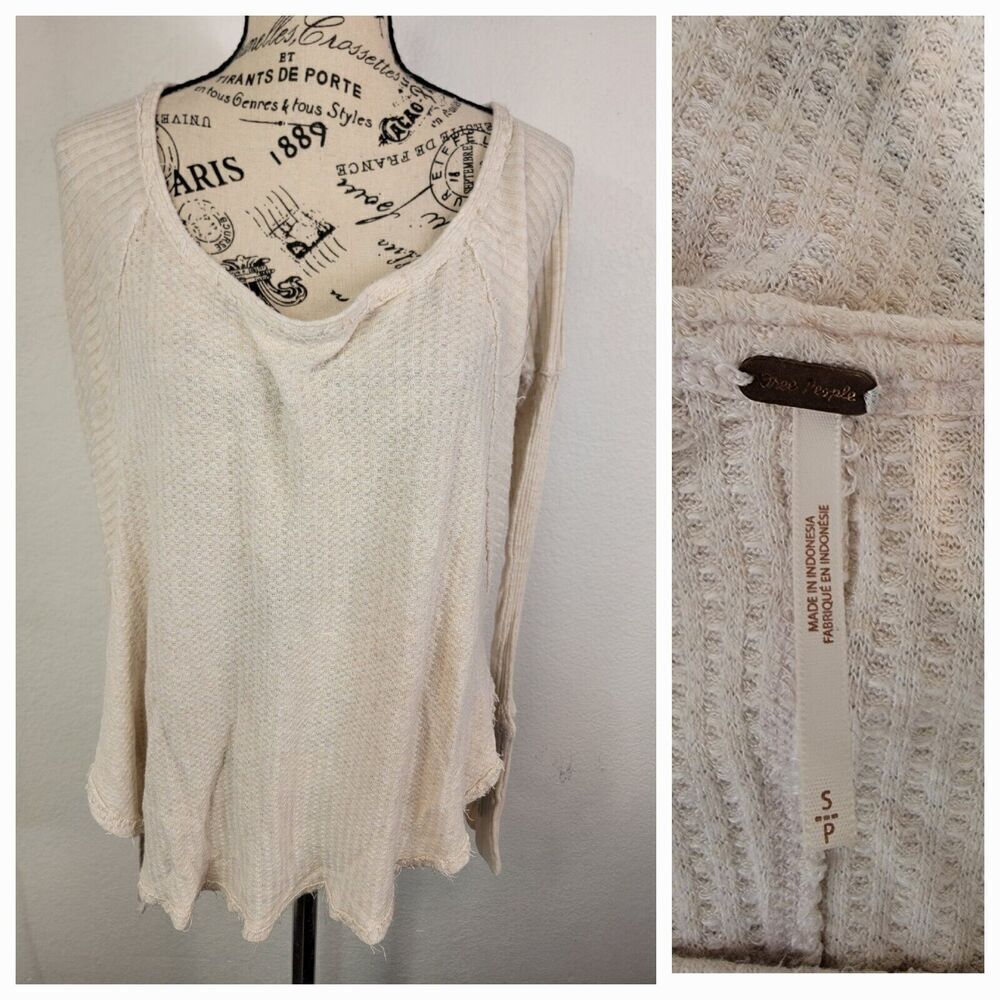 Free People Sz S Thermal Tunic Top Ventura High Low Waffle Knit Ivory OB426980